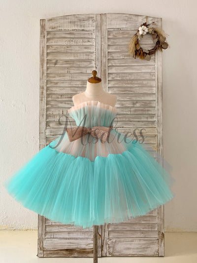 Sheer Neck Pink+Teal Tulle Ruffles Wedding Flower Girl Dress Kids Occasion Dress