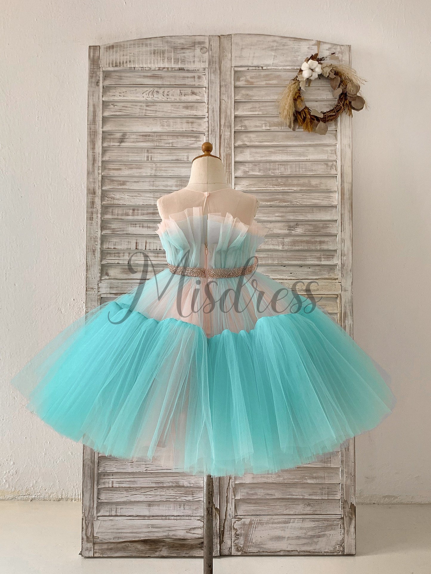 Sheer Neck Pink+Teal Tulle Ruffles Wedding Flower Girl Dress Kids Occasion Dress