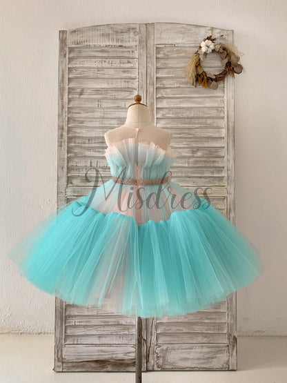 Sheer Neck Pink+Teal Tulle Ruffles Wedding Flower Girl Dress Kids Occasion Dress