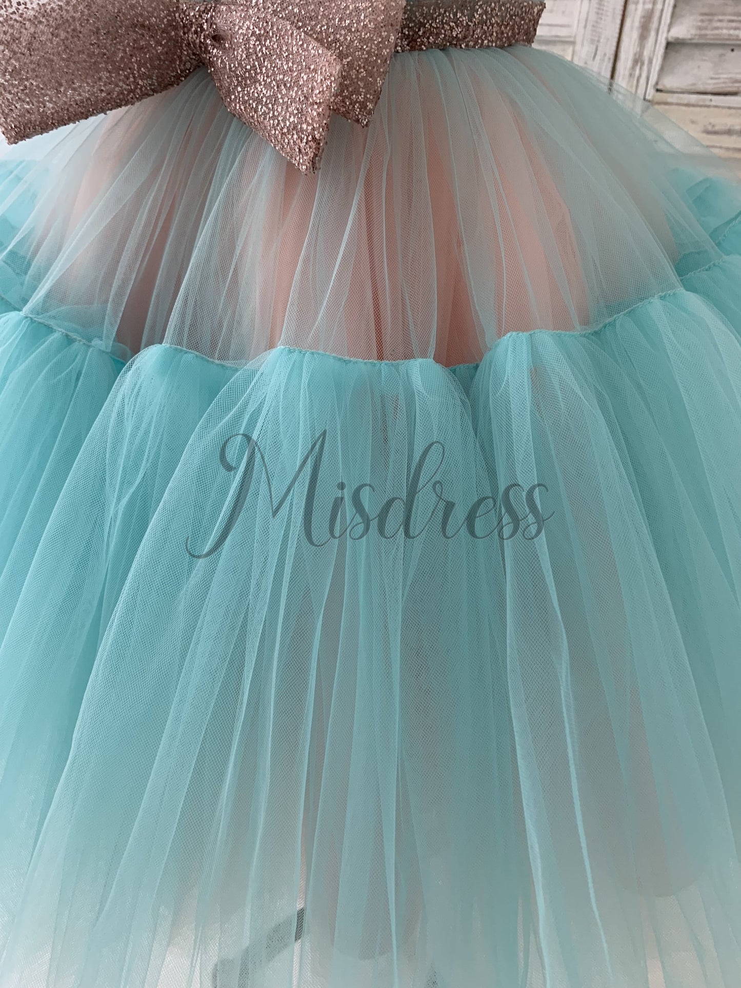 Sheer Neck Pink+Teal Tulle Ruffles Wedding Flower Girl Dress Kids Occasion Dress