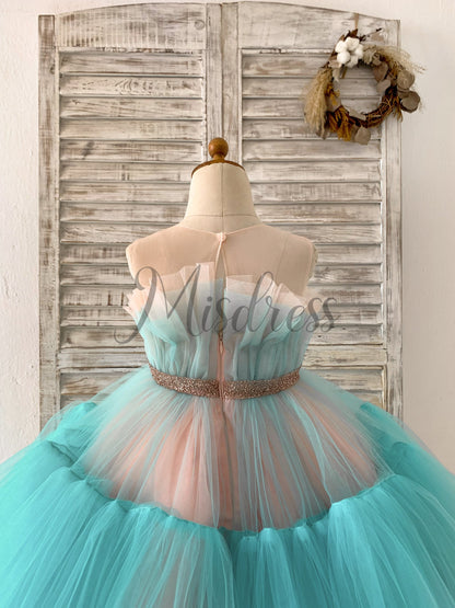 Sheer Neck Pink+Teal Tulle Ruffles Wedding Flower Girl Dress Kids Occasion Dress