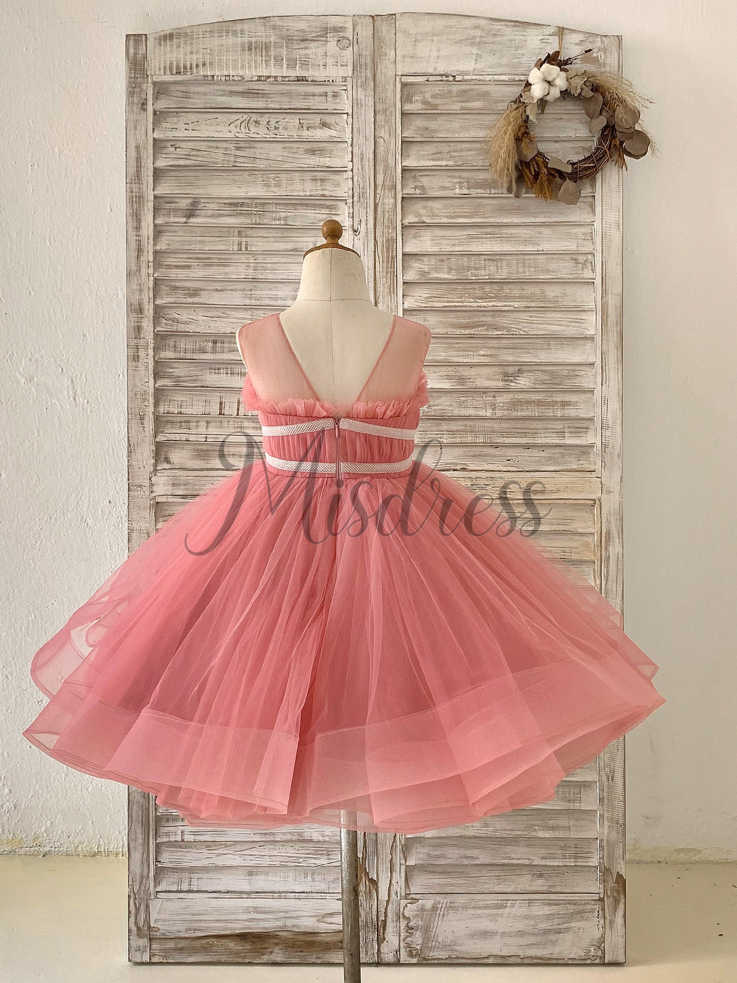 Sheer Neck Pleated Mauve Tulle V Back Horsehair Wedding Flower Girl Dress Bowknot