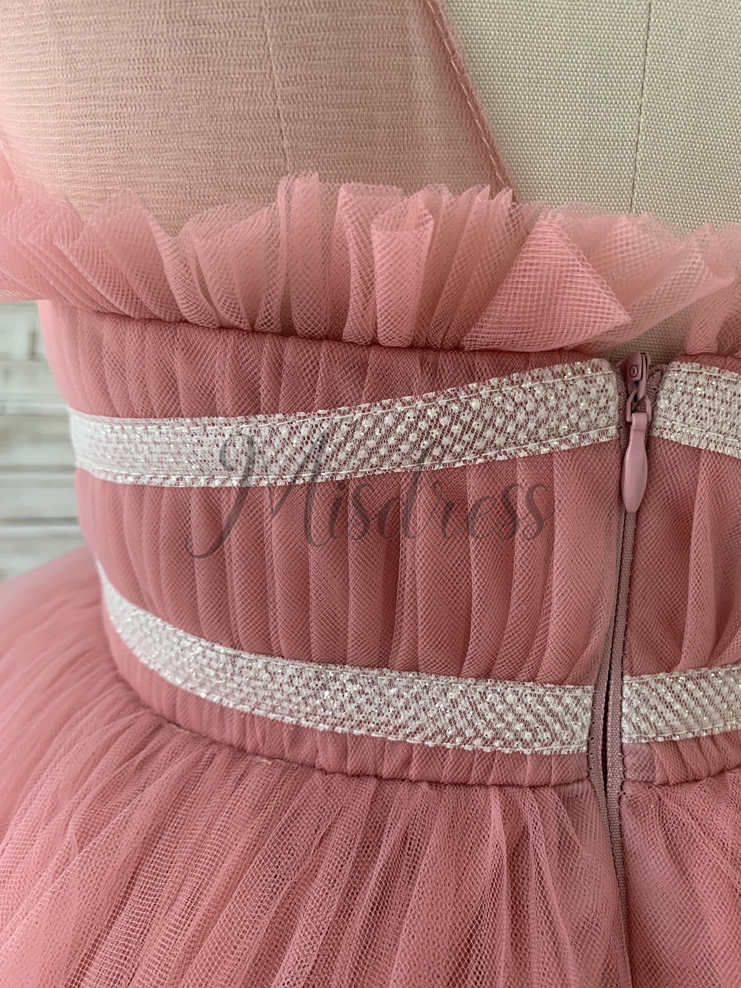 Sheer Neck Pleated Mauve Tulle V Back Horsehair Wedding Flower Girl Dress Bowknot