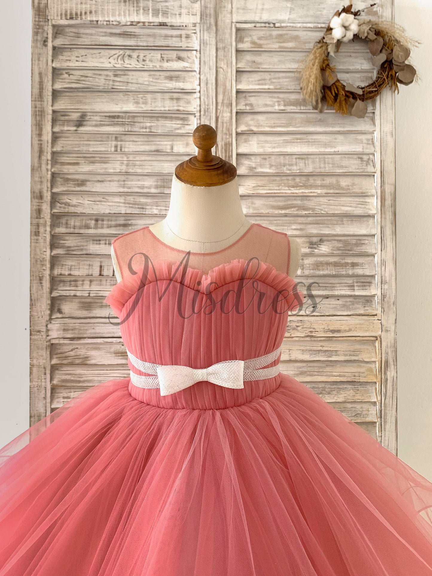 Sheer Neck Pleated Mauve Tulle V Back Horsehair Wedding Flower Girl Dress Bowknot