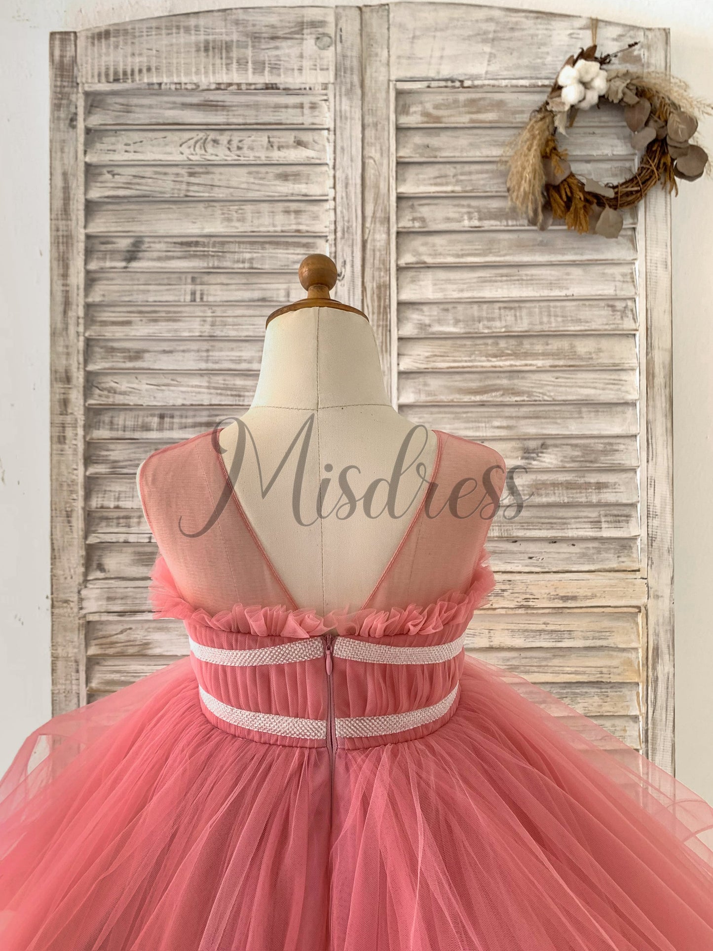 Sheer Neck Pleated Mauve Tulle V Back Horsehair Wedding Flower Girl Dress Bowknot