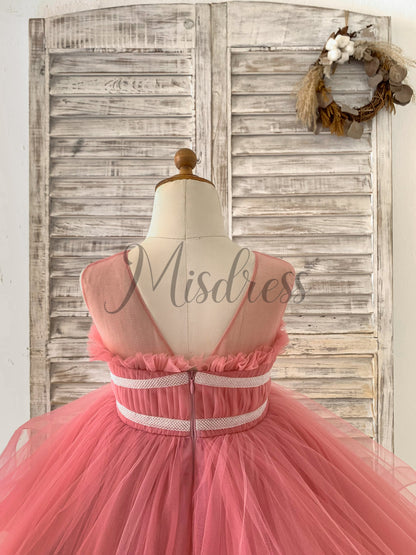 Sheer Neck Pleated Mauve Tulle V Back Horsehair Wedding Flower Girl Dress Bowknot