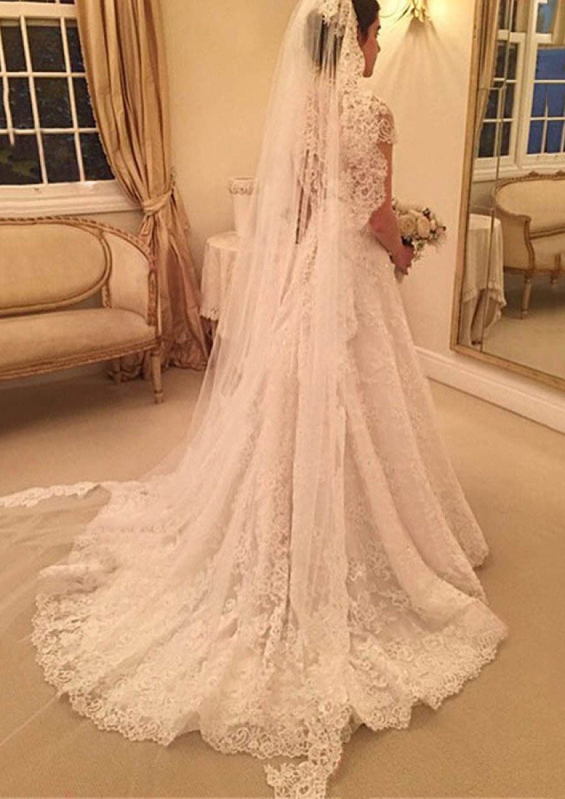 Short Sleeve Button Back A-Line Lace Court Wedding Dress, Beaded Short Sleeve Button Back A-Line Lace Court Wedding Dress, Beaded