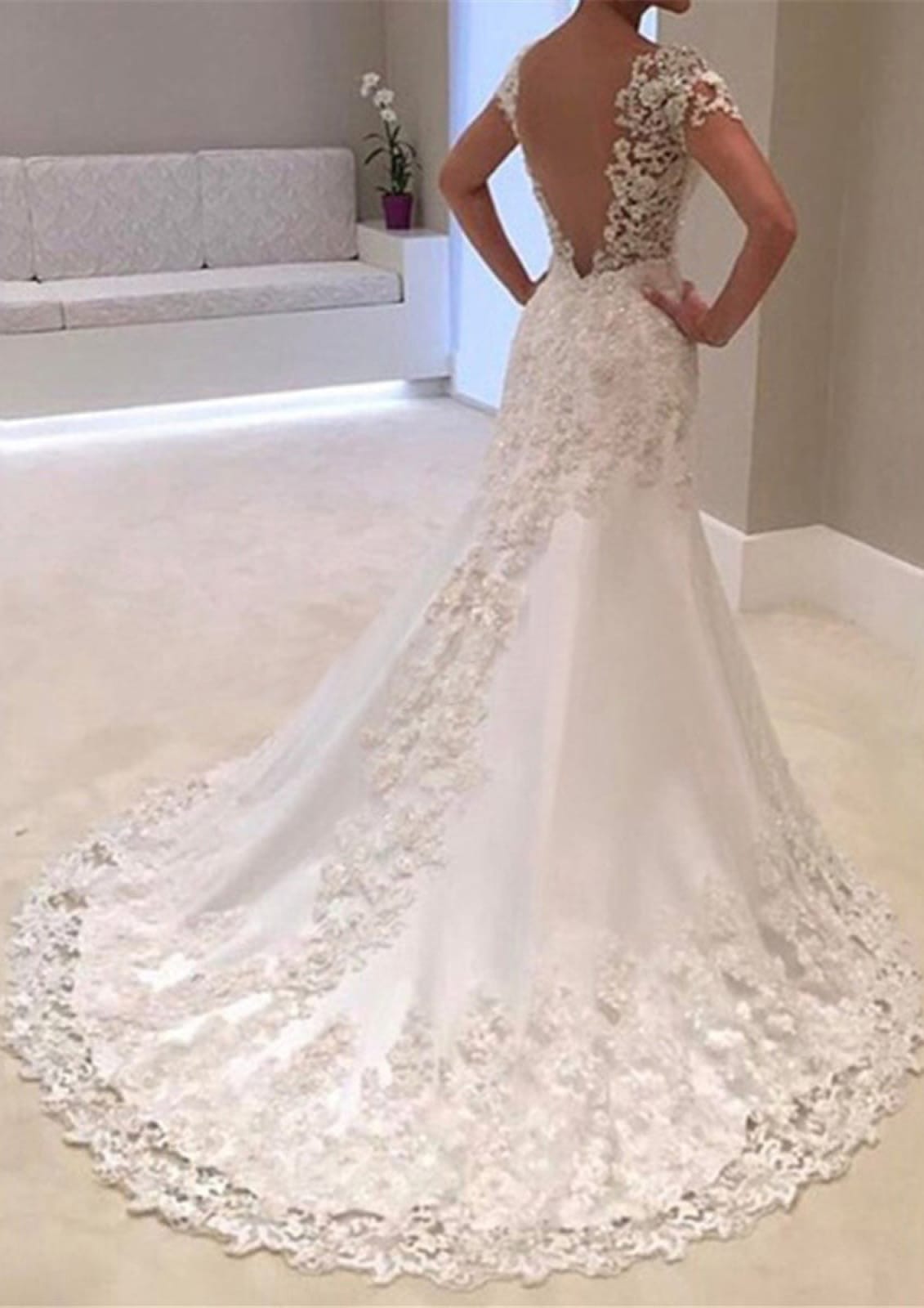 Short Sleeve V Neck Trumpet Beaded Lace Satin Wedding Dress 