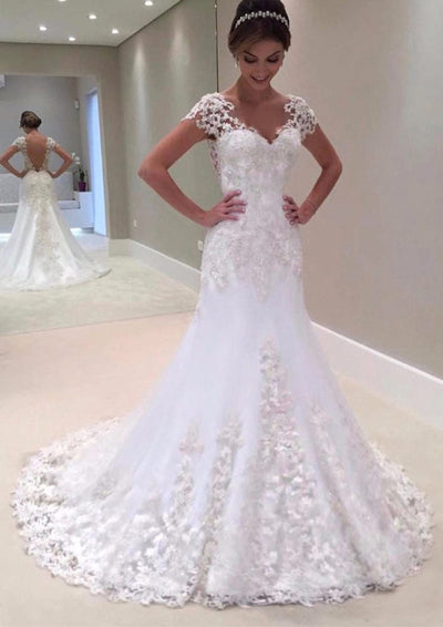 Short Sleeve V Neck Trumpet Beaded Lace Satin Wedding Dress 