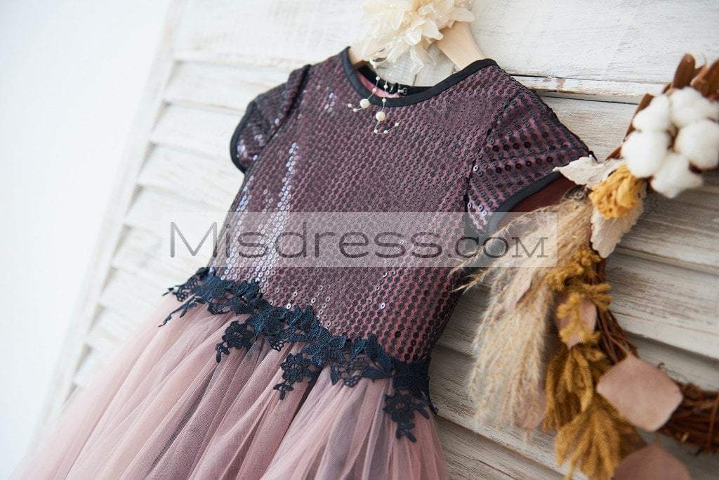 Short Sleeves Black Sequin Lace Mauve Tulle Wedding Flower Girl Dress - Flower Girl Dresses