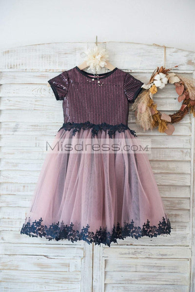 Short Sleeves Black Sequin Lace Mauve Tulle Wedding Flower Girl Dress - Flower Girl Dresses