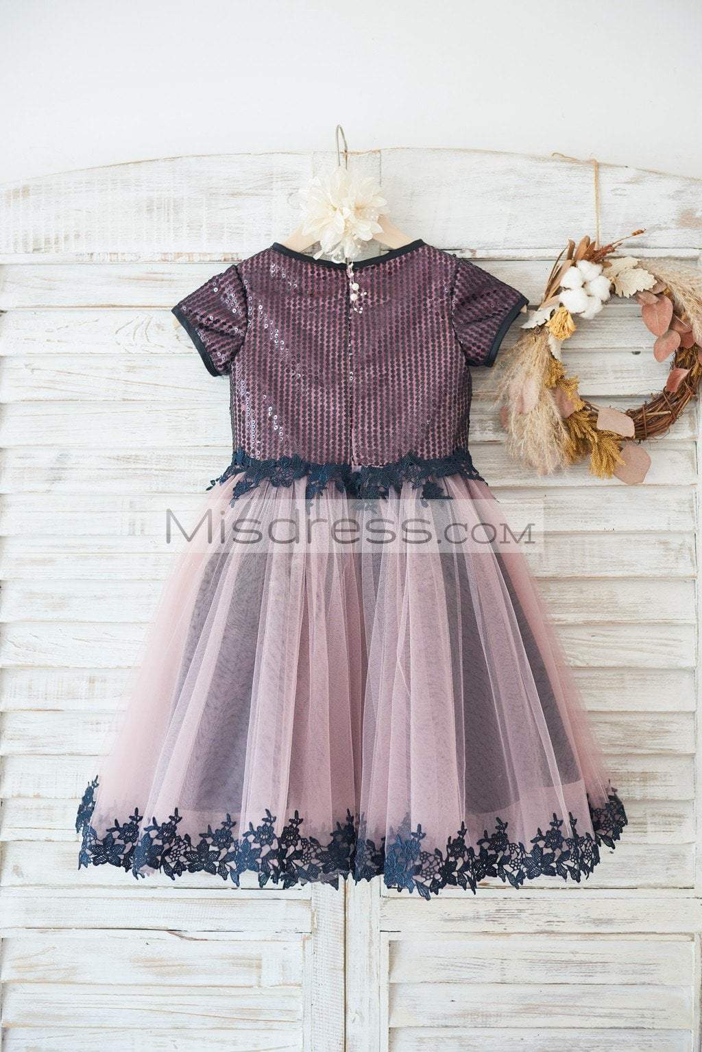 Short Sleeves Black Sequin Lace Mauve Tulle Wedding Flower Girl Dress - Flower Girl Dresses