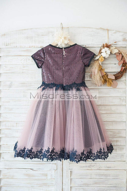 Short Sleeves Black Sequin Lace Mauve Tulle Wedding Flower Girl Dress - Flower Girl Dresses