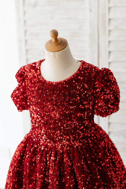 Short Sleeves Burgundy Sequin Wedding Flower Girl Dress Kids Party Dress