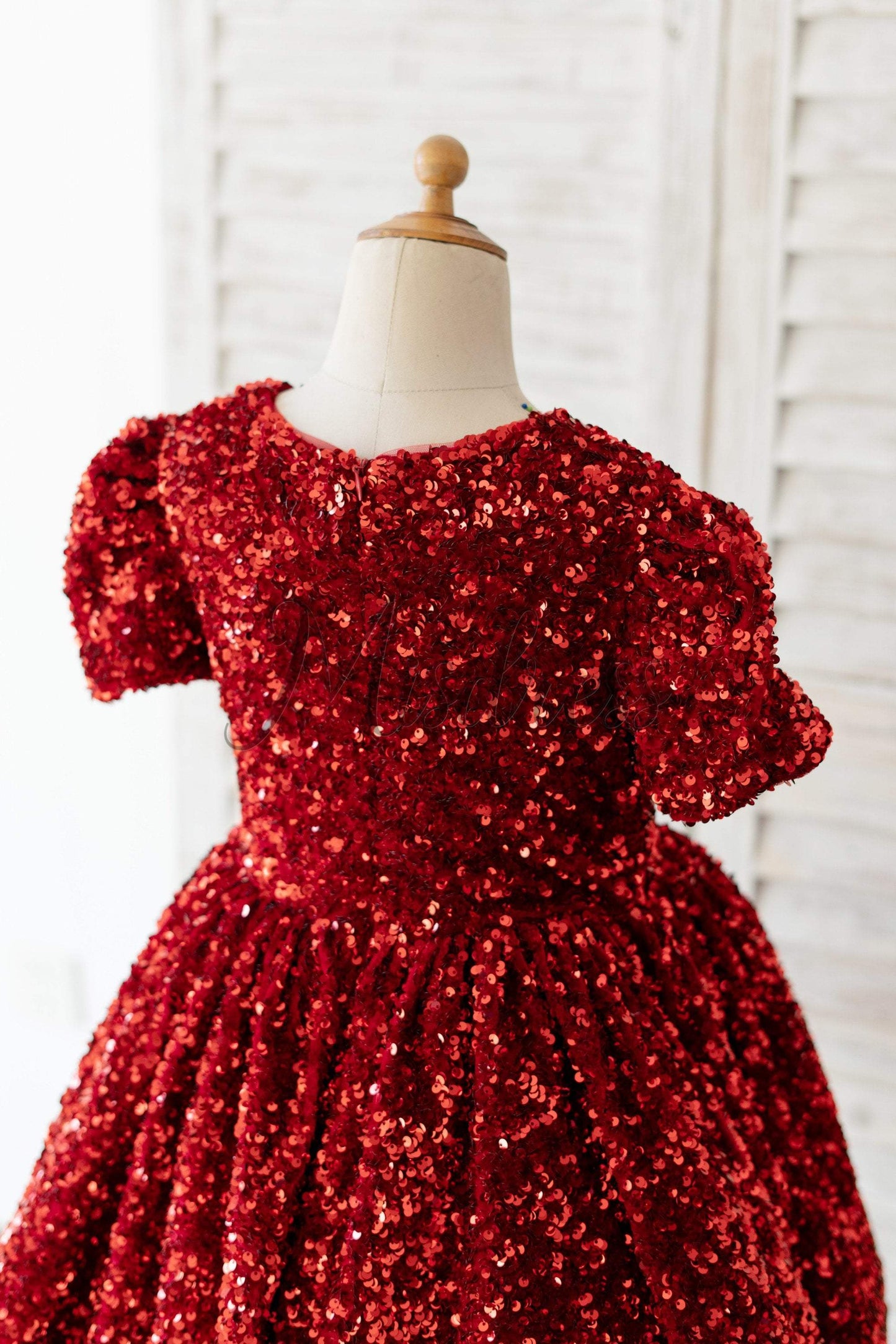 Short Sleeves Burgundy Sequin Wedding Flower Girl Dress Kids Party Dress