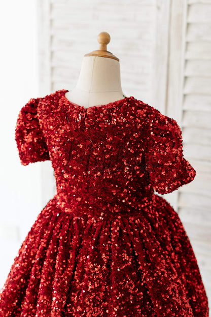 Short Sleeves Burgundy Sequin Wedding Flower Girl Dress Kids Party Dress