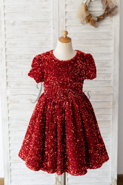 Short Sleeves Burgundy Sequin Wedding Flower Girl Dress Kids Party Dress