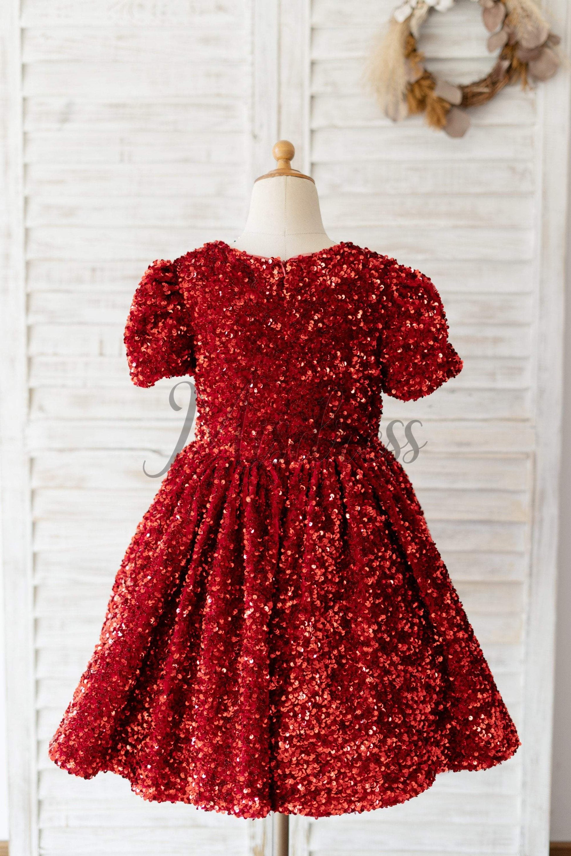Short Sleeves Burgundy Sequin Wedding Flower Girl Dress Kids Party Dress