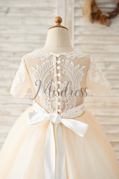 Short Sleeves Champagne Lace Tulle Wedding Flower Girl Dress Kids Party Dress