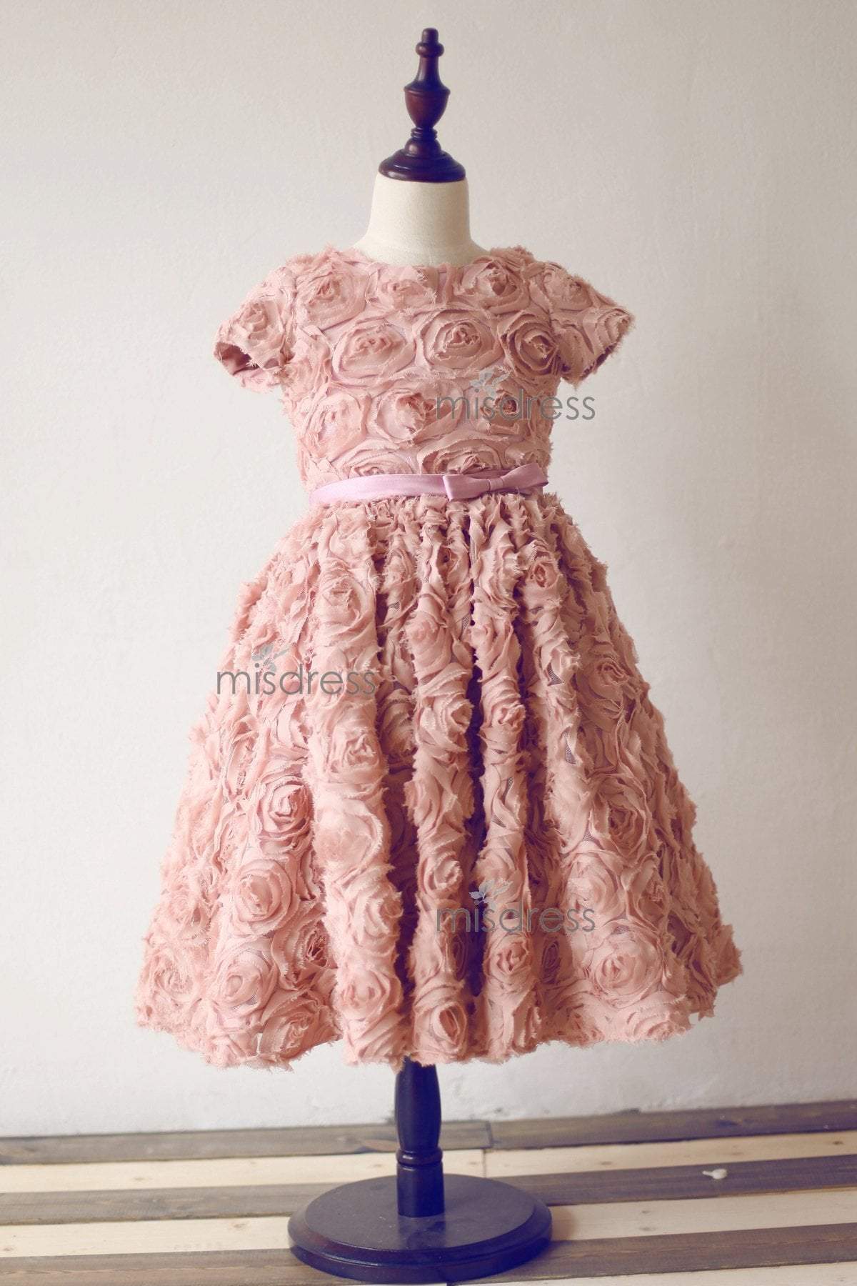 Short Sleeves Dusty Rose/Peach pink Rosette Flower Girl Dress - 1T --- Chest = 20 inches/ Waist = 19 inches/ Hollow to knee = 20.5 inches /