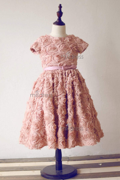 Short Sleeves Dusty Rose/Peach pink Rosette Flower Girl Dress - 1T --- Chest = 20 inches/ Waist = 19 inches/ Hollow to knee = 20.5 inches /