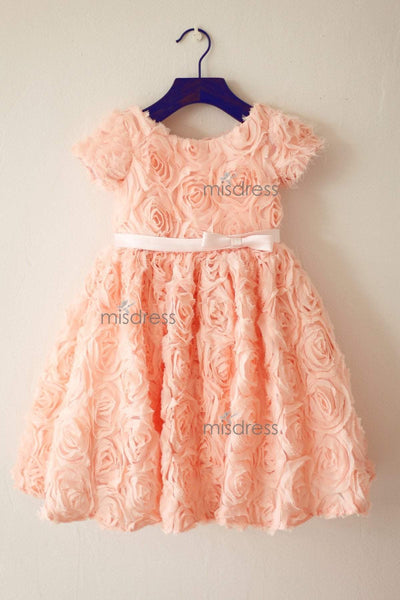 Short Sleeves Dusty Rose/Peach pink Rosette Flower Girl Dress - 1T --- Chest = 20 inches/ Waist = 19 inches/ Hollow to knee = 20.5 inches /