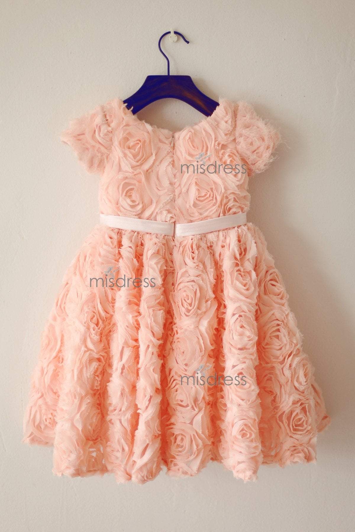 Short Sleeves Dusty Rose/Peach pink Rosette Flower Girl Dress - Flower Girl Dresses