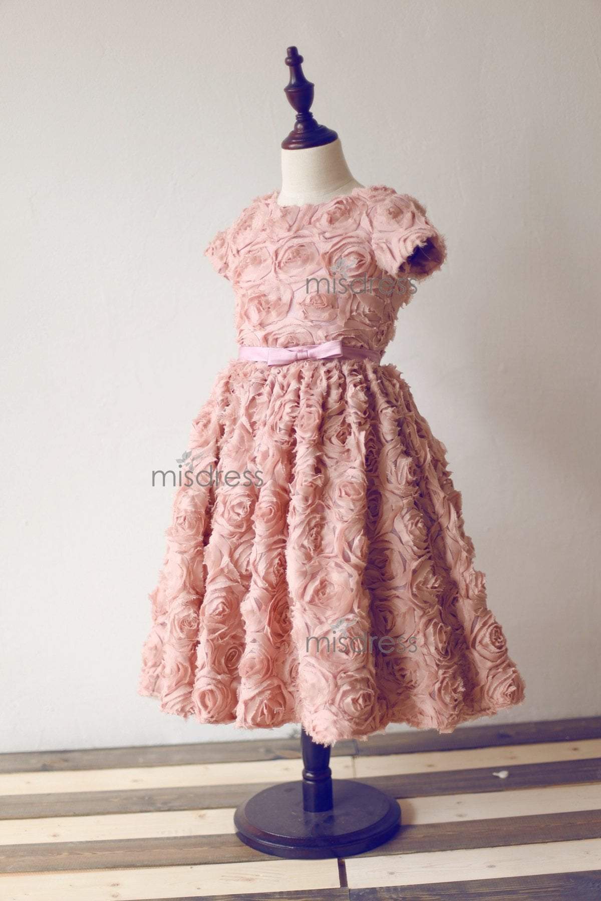 Short Sleeves Dusty Rose/Peach pink Rosette Flower Girl Dress - Flower Girl Dresses