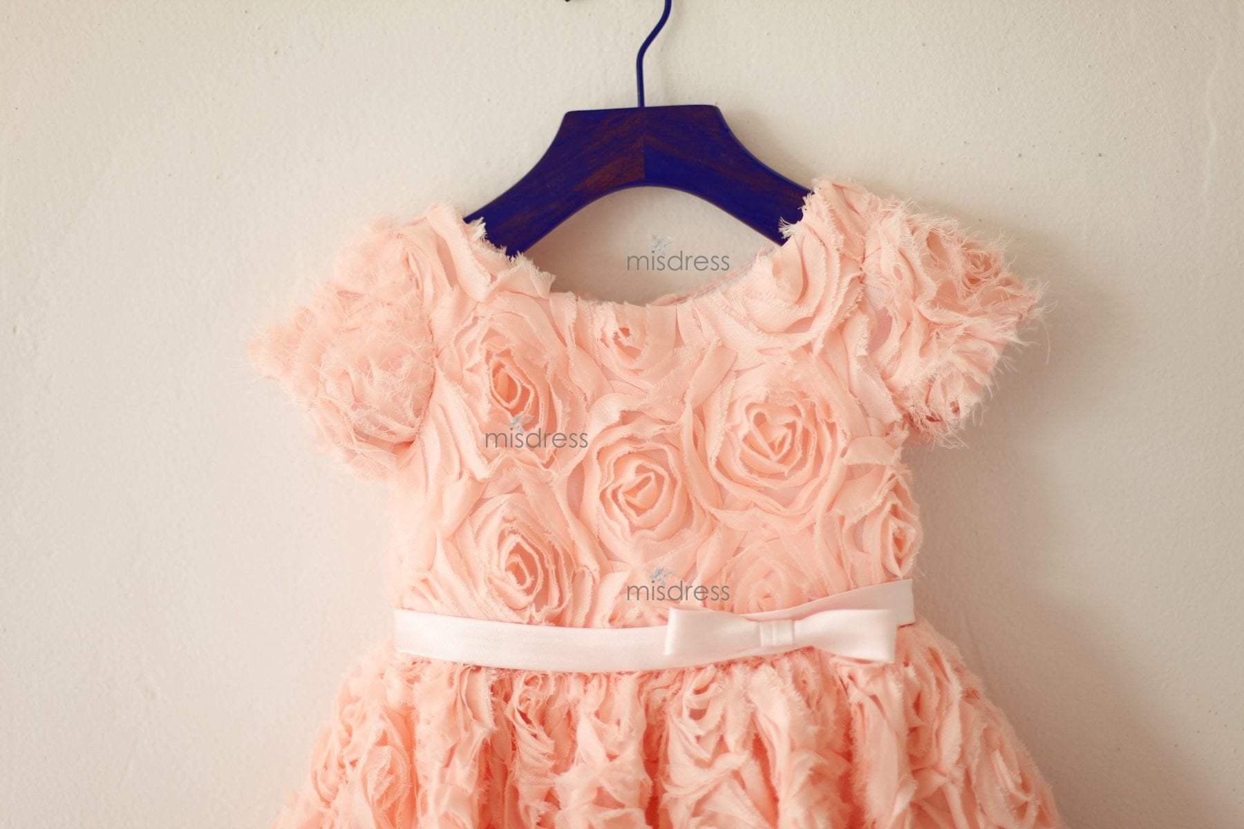 Short Sleeves Dusty Rose/Peach pink Rosette Flower Girl Dress - Flower Girl Dresses