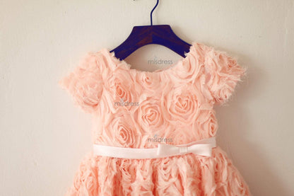 Short Sleeves Dusty Rose/Peach pink Rosette Flower Girl Dress - Flower Girl Dresses