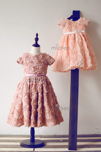 Short Sleeves Dusty Rose/Peach pink Rosette Flower Girl Dress - Flower Girl Dresses