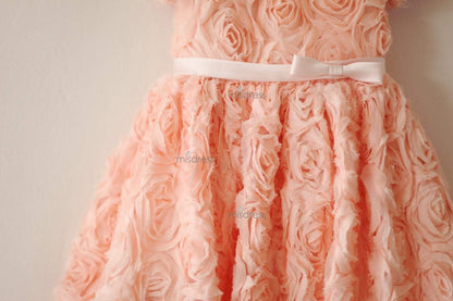 Short Sleeves Dusty Rose/Peach pink Rosette Flower Girl Dress - Flower Girl Dresses
