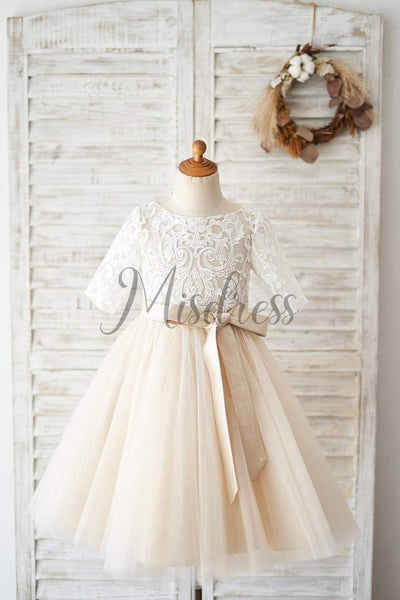 Short Sleeves Ivory Lace Tulle Wedding Flower Girl Dress with Champagne Lining