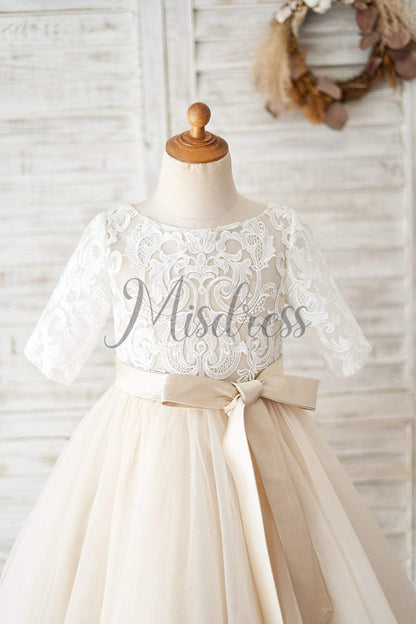 Short Sleeves Ivory Lace Tulle Wedding Flower Girl Dress with Champagne Lining