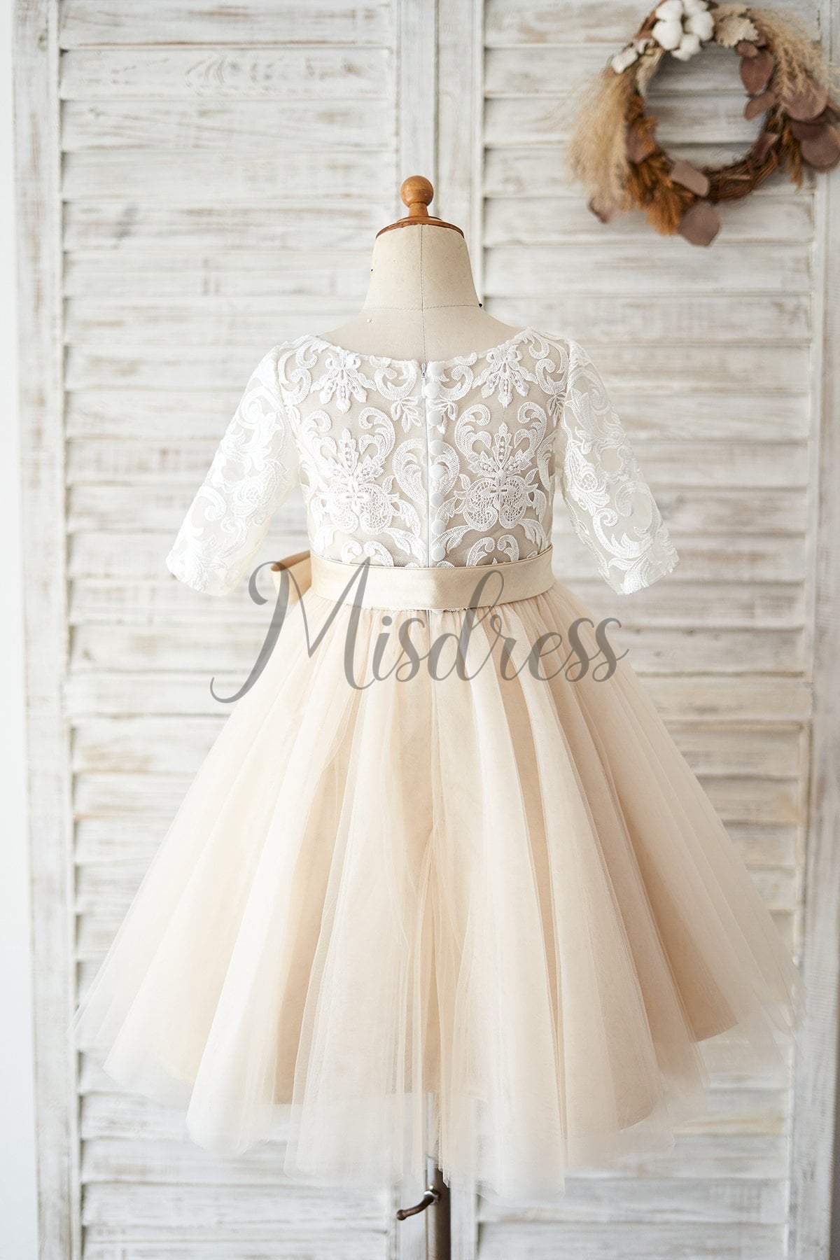 Short Sleeves Ivory Lace Tulle Wedding Flower Girl Dress with Champagne Lining