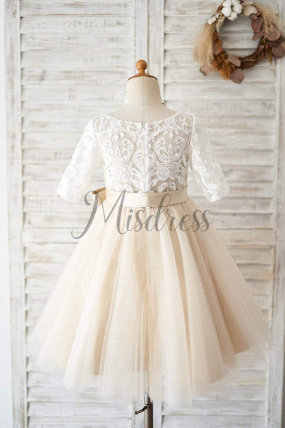 Short Sleeves Ivory Lace Tulle Wedding Flower Girl Dress with Champagne Lining