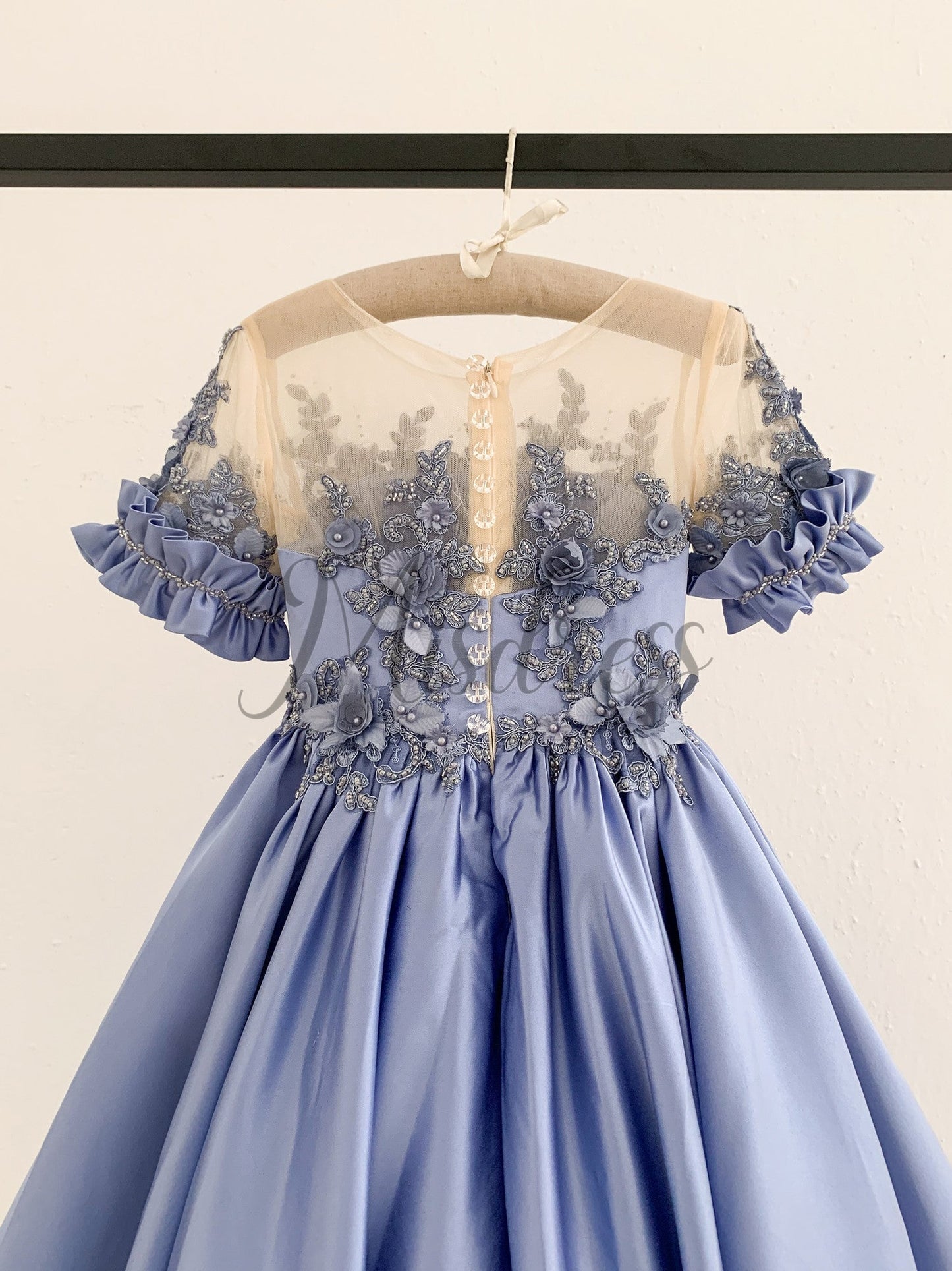 Short Sleeves Sheer Neck Light Blue Satin Wedding Flower Girl Dress Beaded Lace