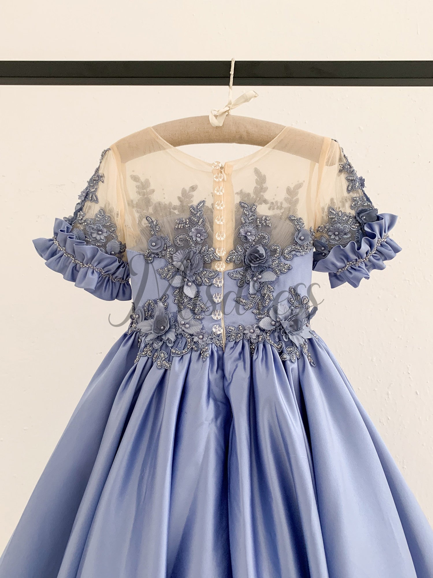 Short Sleeves Sheer Neck Light Blue Satin Wedding Flower Girl Dress Beaded Lace