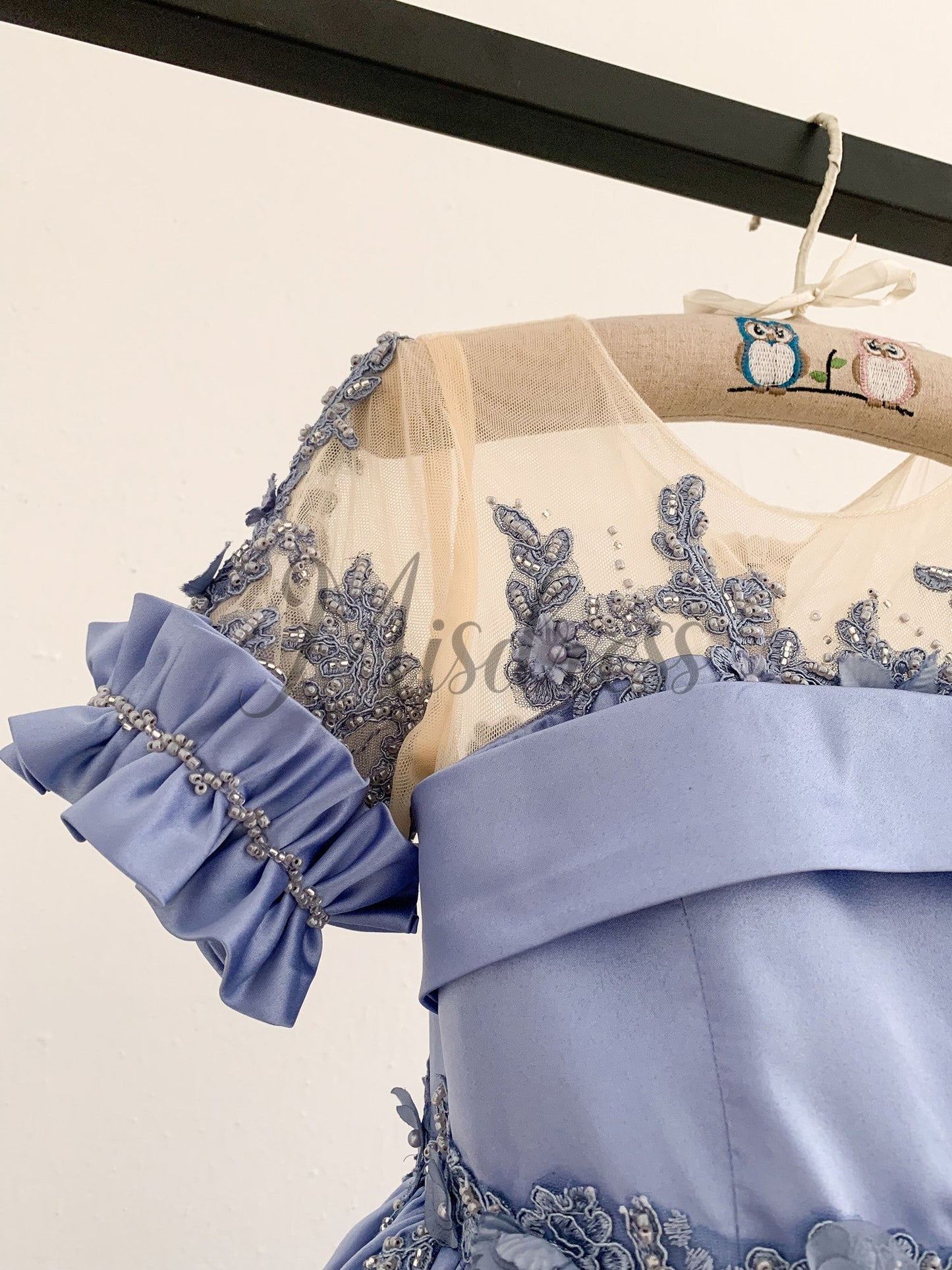 Short Sleeves Sheer Neck Light Blue Satin Wedding Flower Girl Dress Beaded Lace