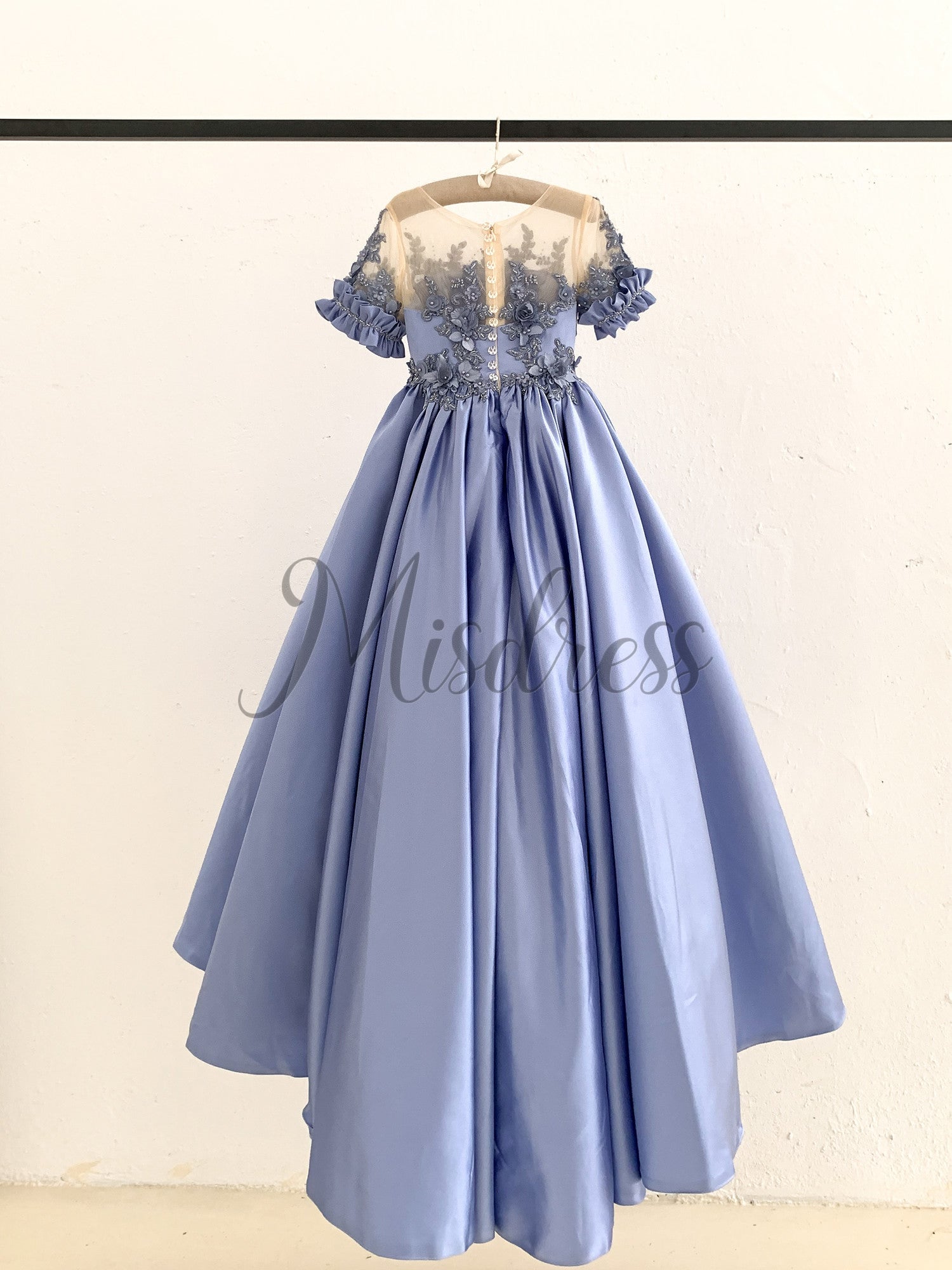Short Sleeves Sheer Neck Light Blue Satin Wedding Flower Girl Dress Beaded Lace