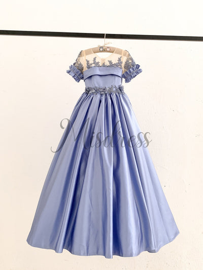 Short Sleeves Sheer Neck Light Blue Satin Wedding Flower Girl Dress Beaded Lace