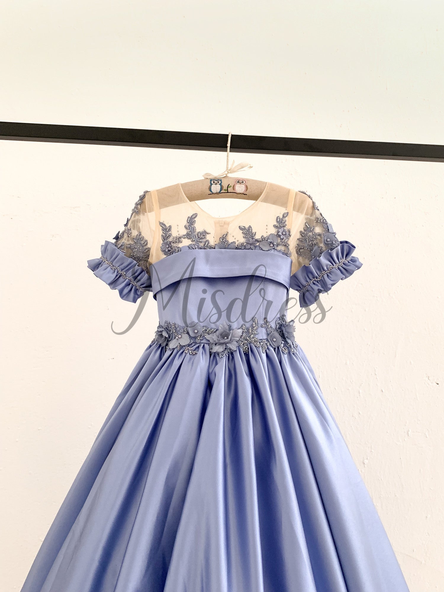 Short Sleeves Sheer Neck Light Blue Satin Wedding Flower Girl Dress Beaded Lace