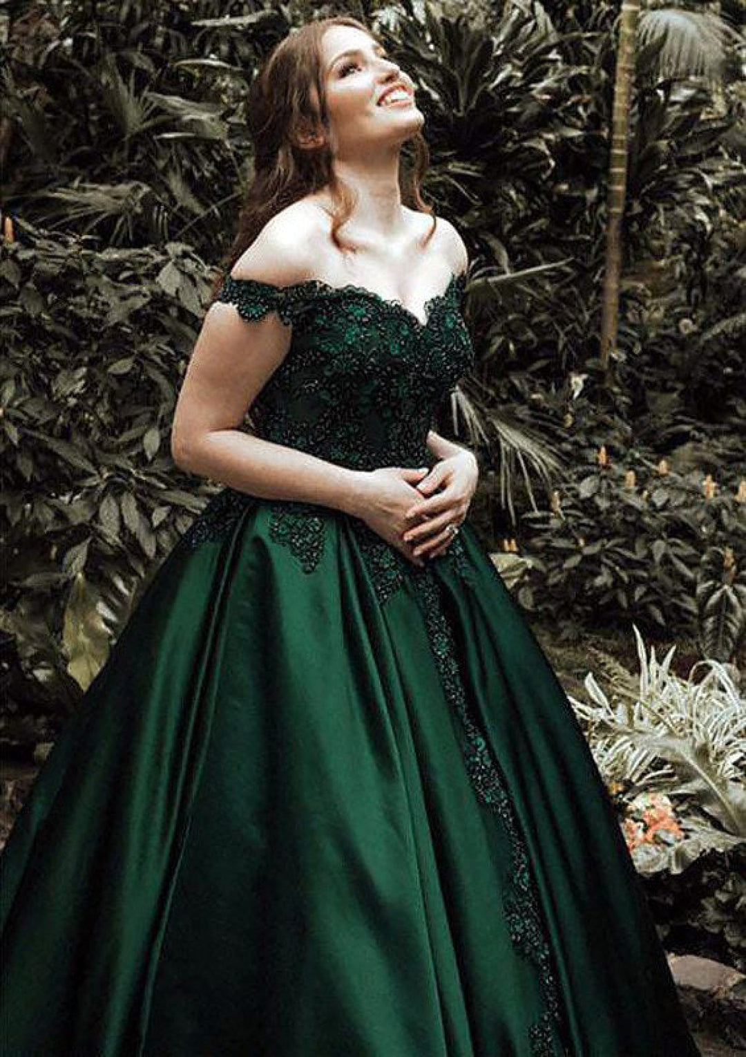 Off Shoulder Dark Green Sweep Satin Ball Gown Prom Dress, Lace | Misdress Off Shoulder Dark Green Sweep Satin Ball Gown Prom Dress, Lace | Misdress