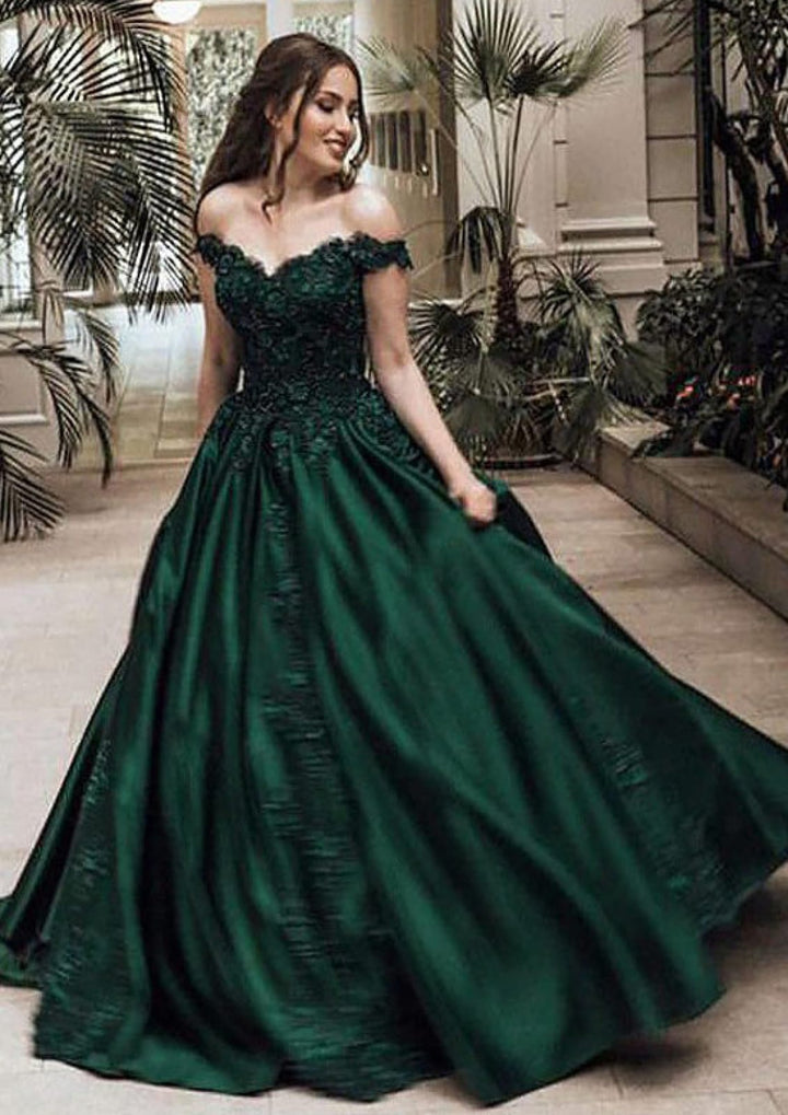 Off Shoulder Dark Green Sweep Satin Ball Gown Prom Dress, Lace | Misdress