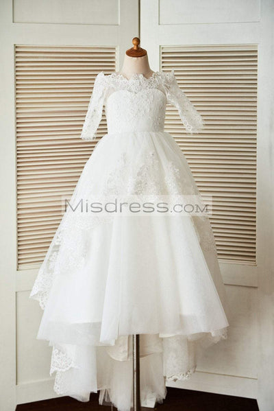 Off Shoulder Long Sleeves Beaded Lace Tulle Wedding Flower Girl Dress With Train - Flower Girl Dresses
