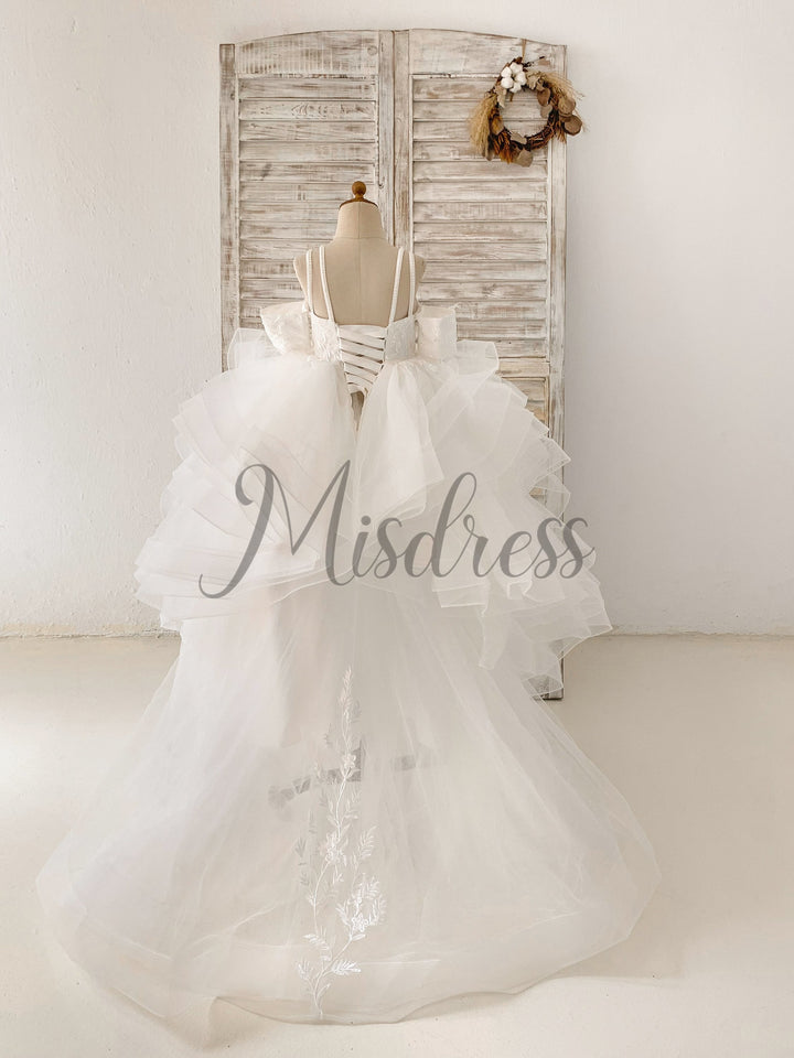 Off Shoulder Ivory Lace Tulle Horsehair Wedding Flower Girl Dress 5T