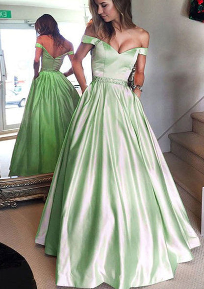 Off Shoulder Long Satin Formal Ball Gown Evening Prom Dress 