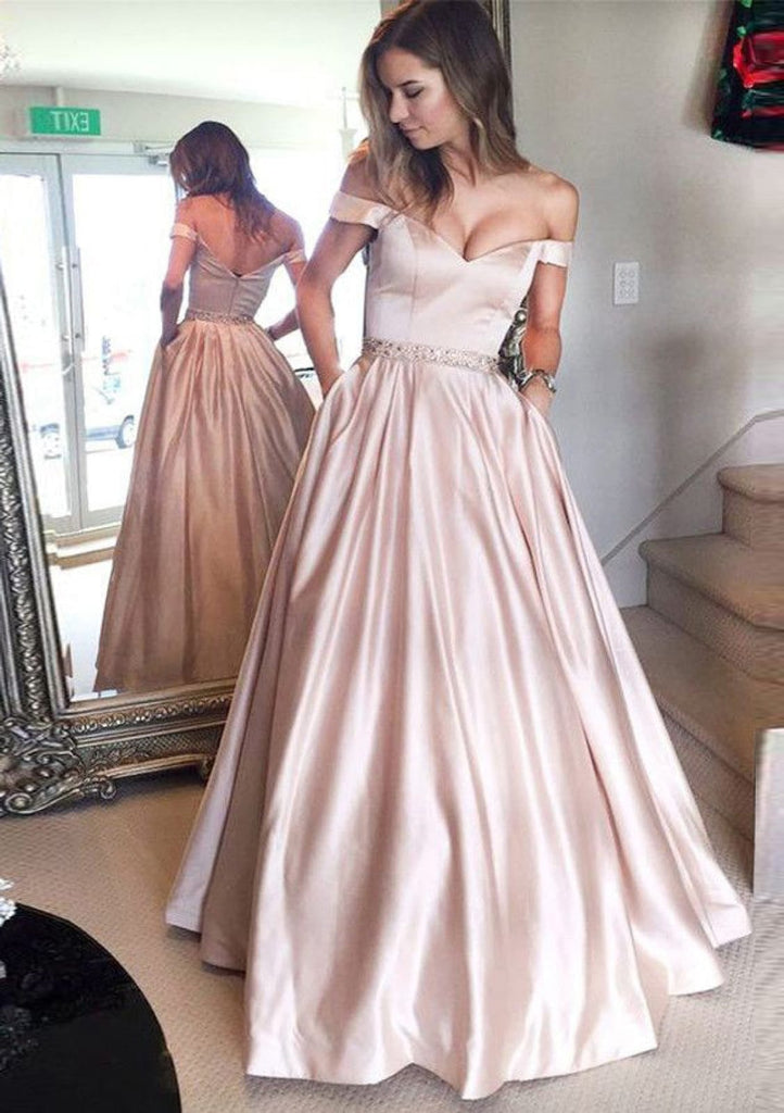 Off Shoulder Long Satin Formal Ball Gown Evening Prom Dress, Beaded Off Shoulder Long Satin Formal Ball Gown Evening Prom Dress, Beaded