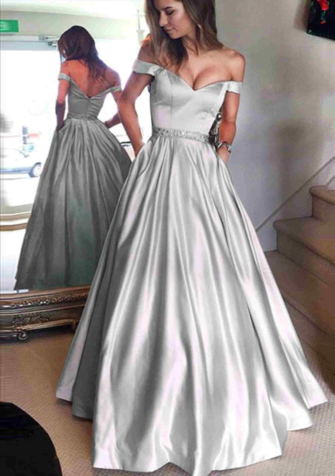 Off Shoulder Long Satin Formal Ball Gown Evening Prom Dress 