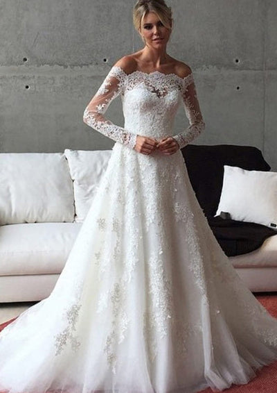 Off Shoulder Long Sleeve Court Lace Tulle Wedding Dress 